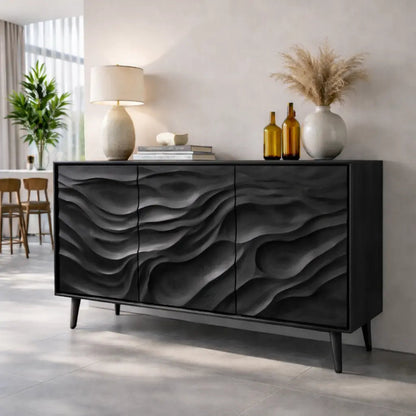 Solid Wood Console Table with Carved Wave Doors – Modern Sculptural Storage Sideboard Kitchnce