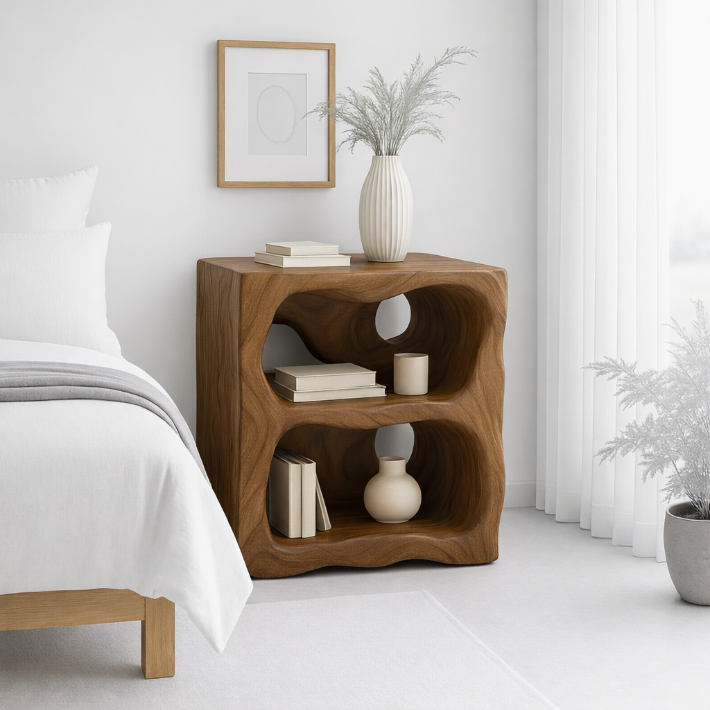 Modern Nightstand with Curved Shelves - Natural Oak Wood Design for Bedroom Kitchnce
