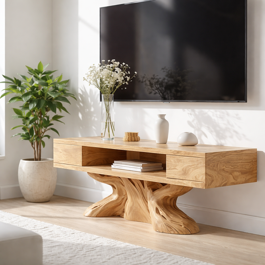 Rustic Solid Wood TV Stand Sculptural Base Media Console Modern Entertainment Center Kitchnce