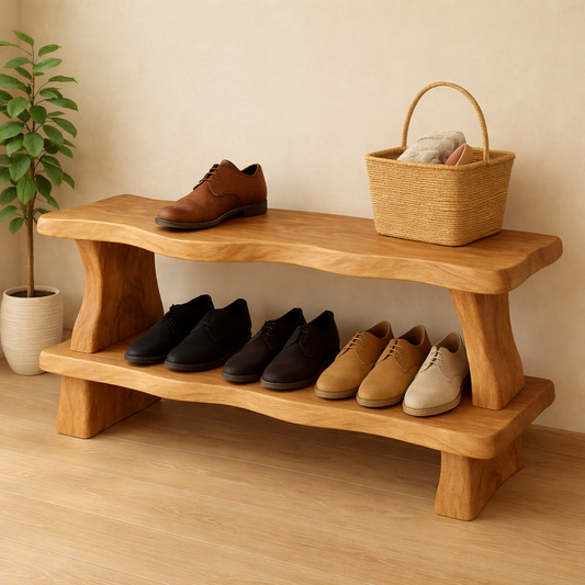 Rustic Wooden Shoe Storage Bench – Solid Wood Entryway Bench with Open Shelf Kitchnce
