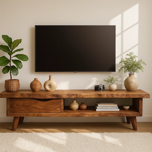Handcrafted Solid Wood TV Stand with Drawer and Open Shelf, Mid Century Modern Media Console Kitchnce