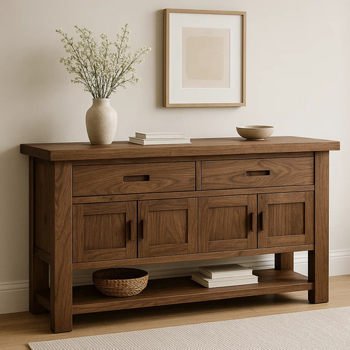 Handcrafted Solid Walnut Console Table – Modern Rustic Design with Storage Cabinets & Drawers Kitchnce