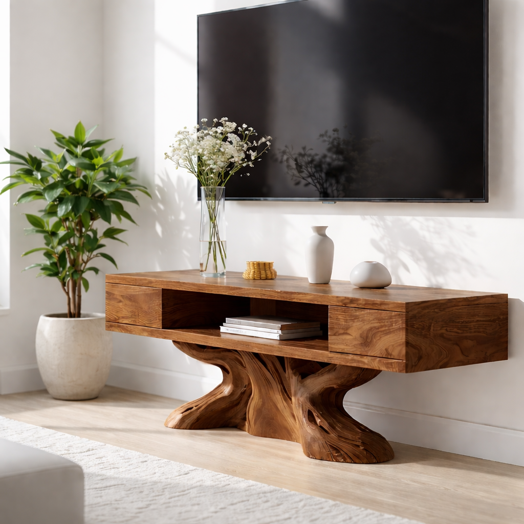 Rustic Solid Wood TV Stand Sculptural Base Media Console Modern Entertainment Center Kitchnce