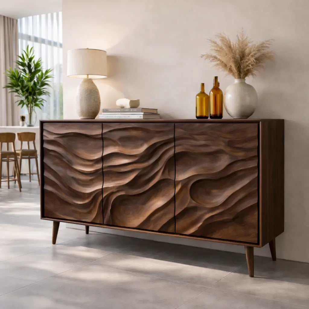 Solid Wood Console Table with Carved Wave Doors – Modern Sculptural Storage Sideboard Kitchnce