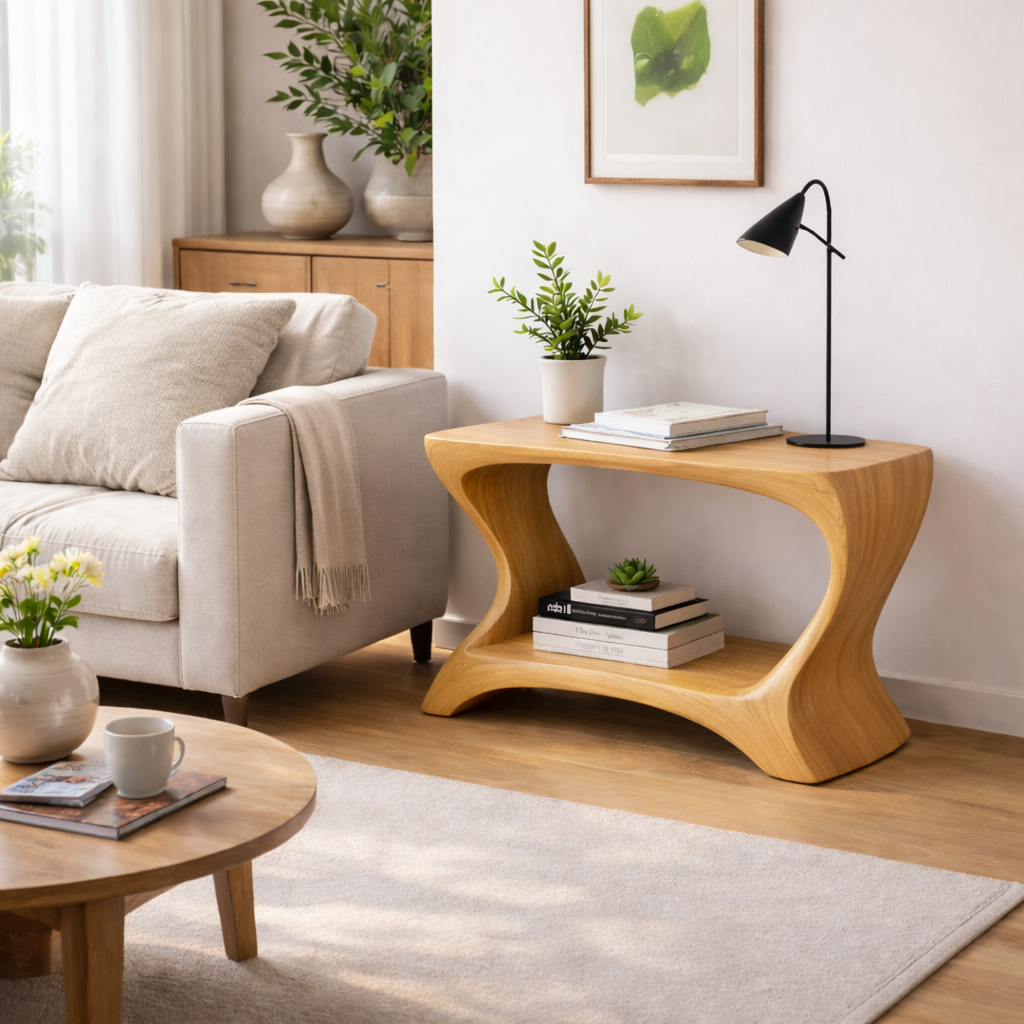 Modern Solid Wood End Table with Shelf – Curved Wooden Side Table for Living Room Kitchnce