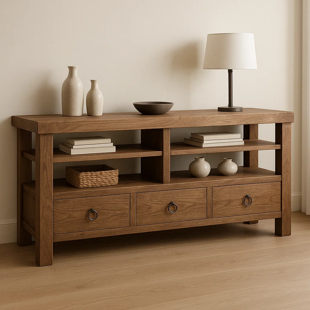 Handcrafted Solid Wood Console Table – Rustic Open Shelf Design with Drawers and Natural Finish Kitchnce