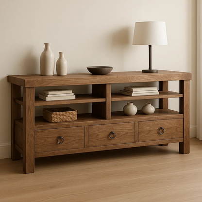 Handcrafted Solid Wood Console Table – Rustic Open Shelf Design with Drawers and Natural Finish Kitchnce