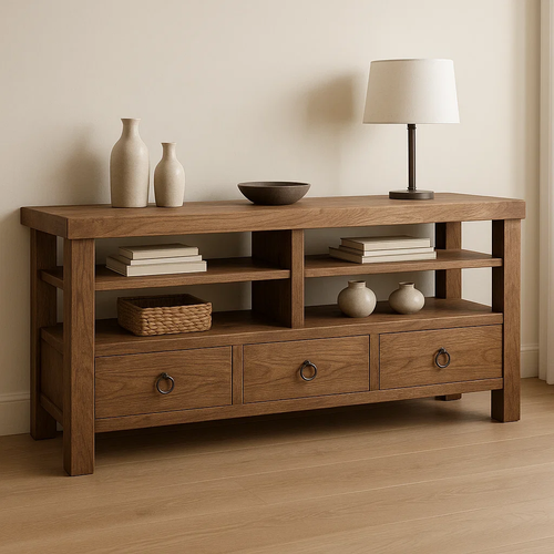 Handcrafted Solid Wood Console Table – Rustic Open Shelf Design with Drawers and Natural Finish Kitchnce
