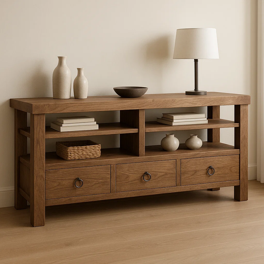 Handcrafted Solid Wood Console Table – Rustic Open Shelf Design with Drawers and Natural Finish Kitchnce