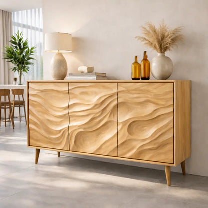 Solid Wood Console Table with Carved Wave Doors – Modern Sculptural Storage Sideboard Kitchnce