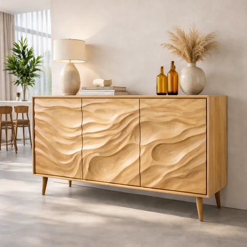 Solid Wood Console Table with Carved Wave Doors – Modern Sculptural Storage Sideboard Kitchnce