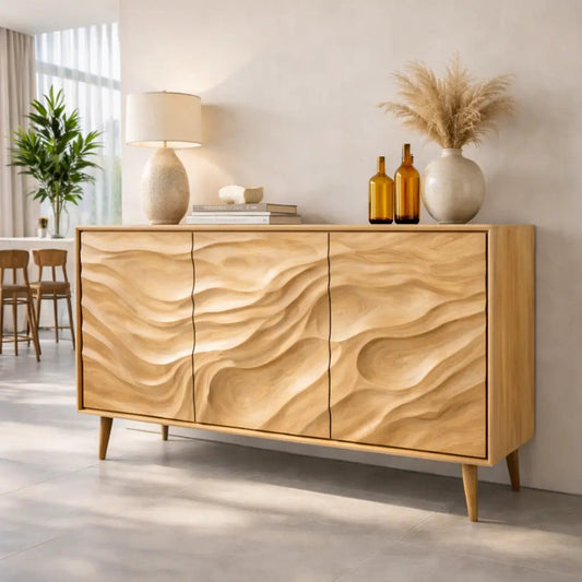 Solid Wood Console Table with Carved Wave Doors – Modern Sculptural Storage Sideboard Kitchnce