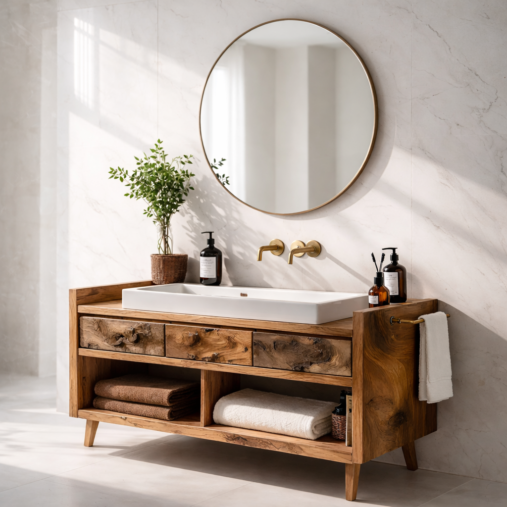 Solid Wood Bathroom Vanity Cabinet with Open Shelf – Rustic Modern, No Sink