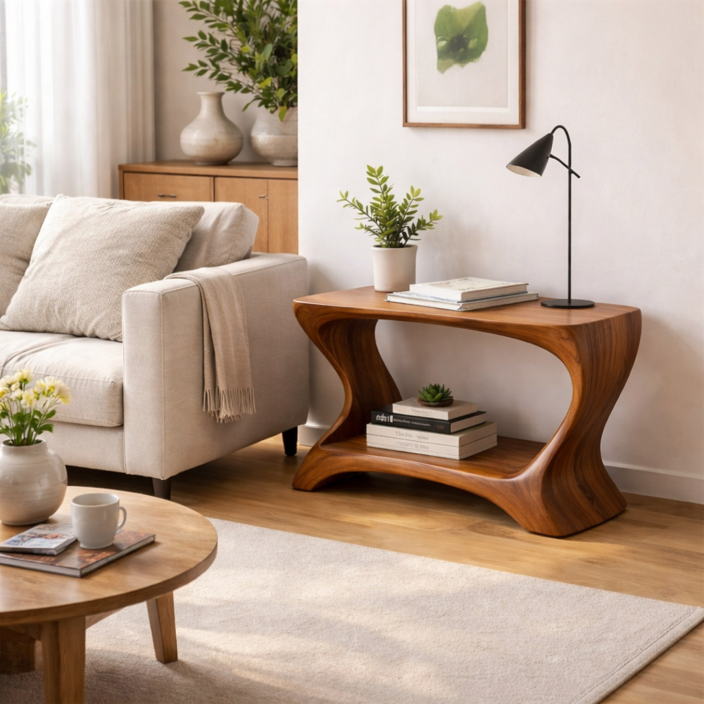 Modern Solid Wood End Table with Shelf – Curved Wooden Side Table for Living Room Kitchnce