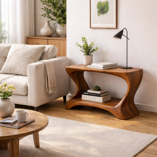 Modern Solid Wood End Table with Shelf – Curved Wooden Side Table for Living Room Kitchnce