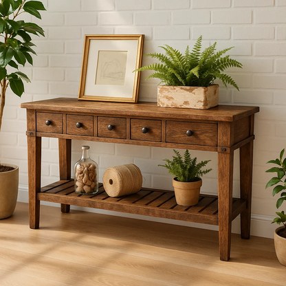 Handcrafted Solid Wood Console Table – Rustic Farmhouse Entryway Table with Drawers and Shelf Kitchnce