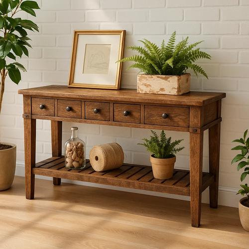 Handcrafted Solid Wood Console Table – Rustic Farmhouse Entryway Table with Drawers and Shelf Kitchnce