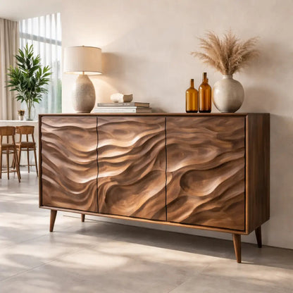Solid Wood Console Table with Carved Wave Doors – Modern Sculptural Storage Sideboard Kitchnce