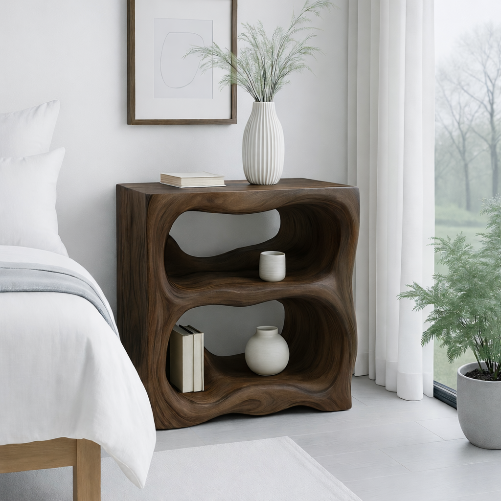 Contemporary Nightstand with Curved Shelves and Open Storage - Natural Oak Design Kitchnce