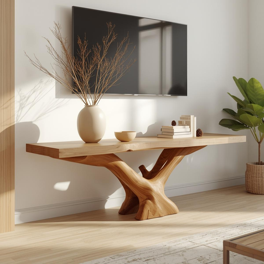 Rustic Solid Wood TV Stand Sculptural Base Media Console Modern Entertainment Table Kitchnce