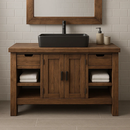 Handcrafted Solid Wood Bathroom Vanity – Modern Farmhouse Cabinet with Shelves and Storage Drawers Kitchnce