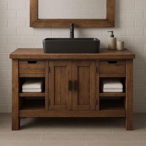 Handcrafted Solid Wood Bathroom Vanity – Modern Farmhouse Cabinet with Shelves and Storage Drawers Kitchnce