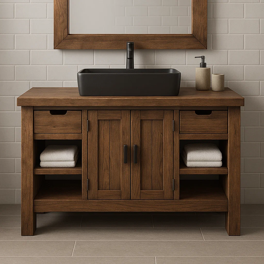 Handcrafted Solid Wood Bathroom Vanity – Modern Farmhouse Cabinet with Shelves and Storage Drawers Kitchnce
