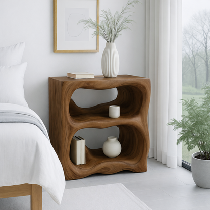 Contemporary Nightstand with Curved Shelves and Open Storage - Natural Oak Design Kitchnce