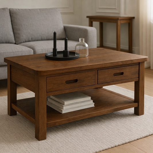 Solid Wood Coffee Table with 2 Drawers and Shelf – Modern Oak Living Room Coffee Table