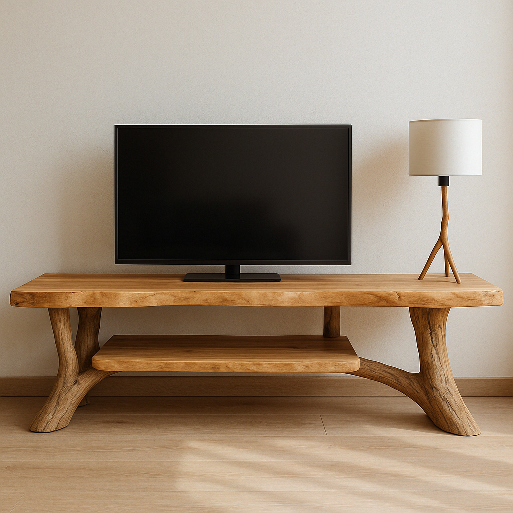 Handcrafted Solid Wood TV Stand – Natural Live Edge Rustic Design for Modern Interiors Kitchnce