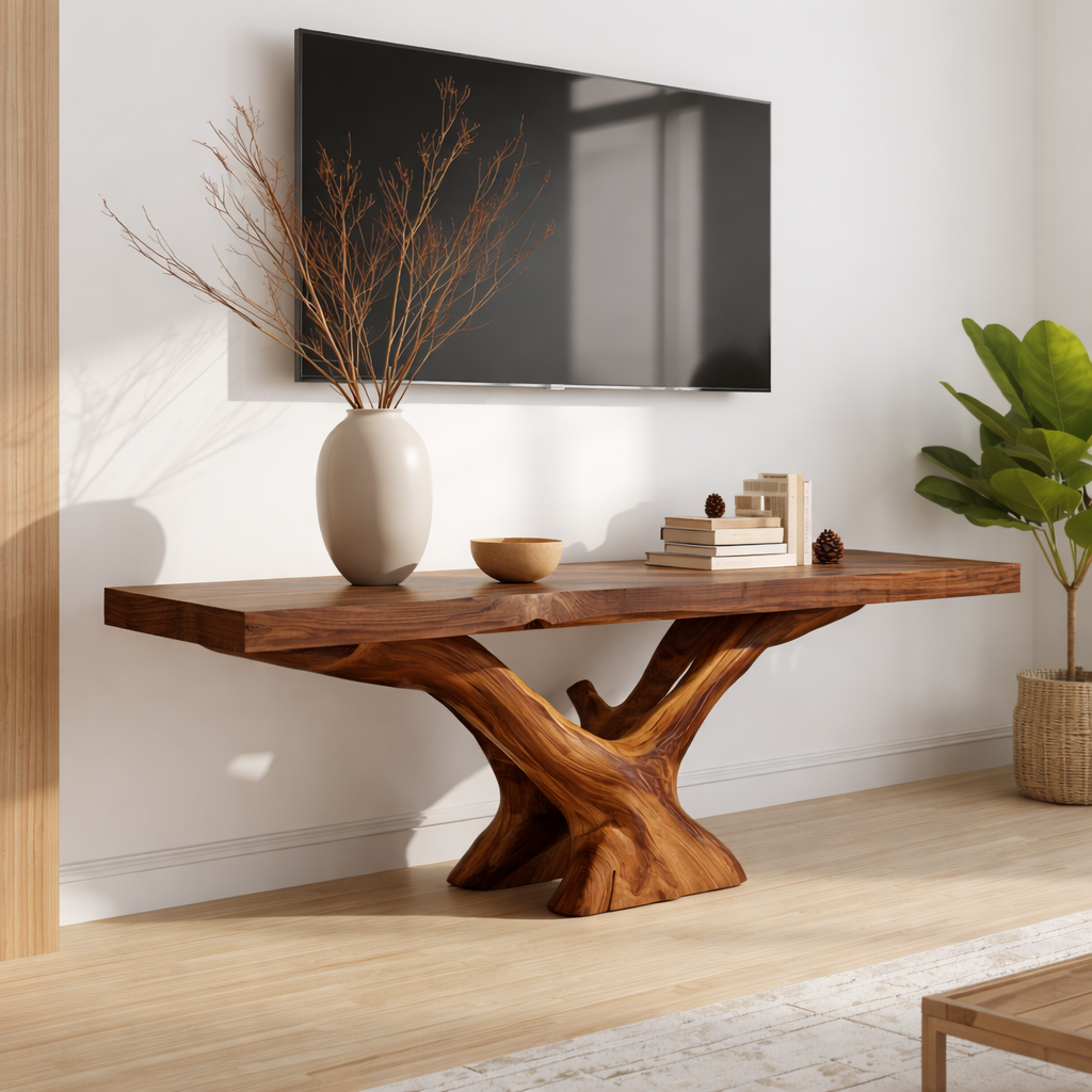 Rustic Solid Wood TV Stand Sculptural Base Media Console Modern Entertainment Table Kitchnce
