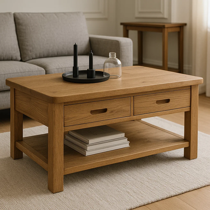 Solid Wood Coffee Table with 2 Drawers and Shelf – Modern Oak Living Room Coffee Table