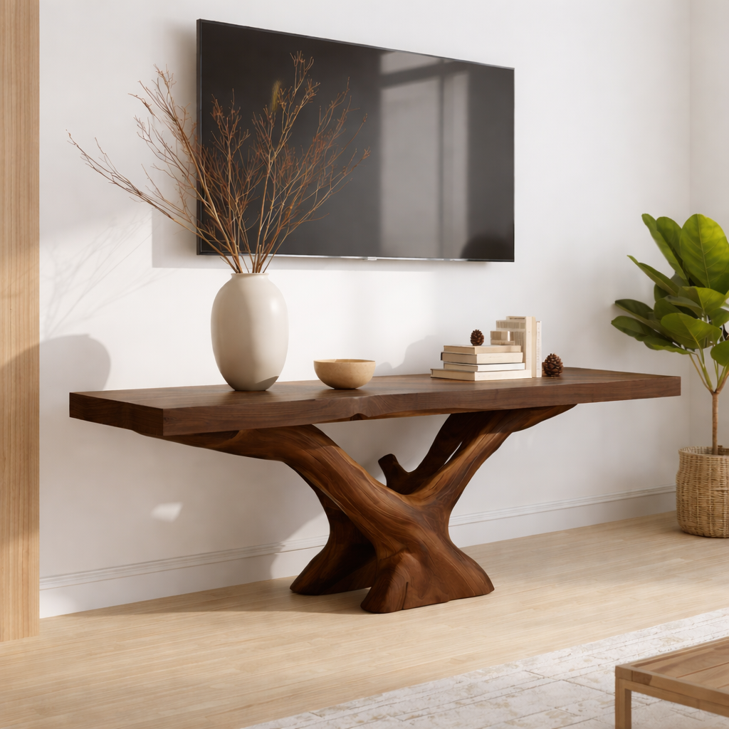 Rustic Solid Wood TV Stand Sculptural Base Media Console Modern Entertainment Table Kitchnce