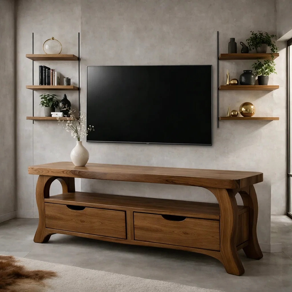 Modern Solid Wood TV Console with Storage Drawers – Wooden Media TV Stand Kitchnce