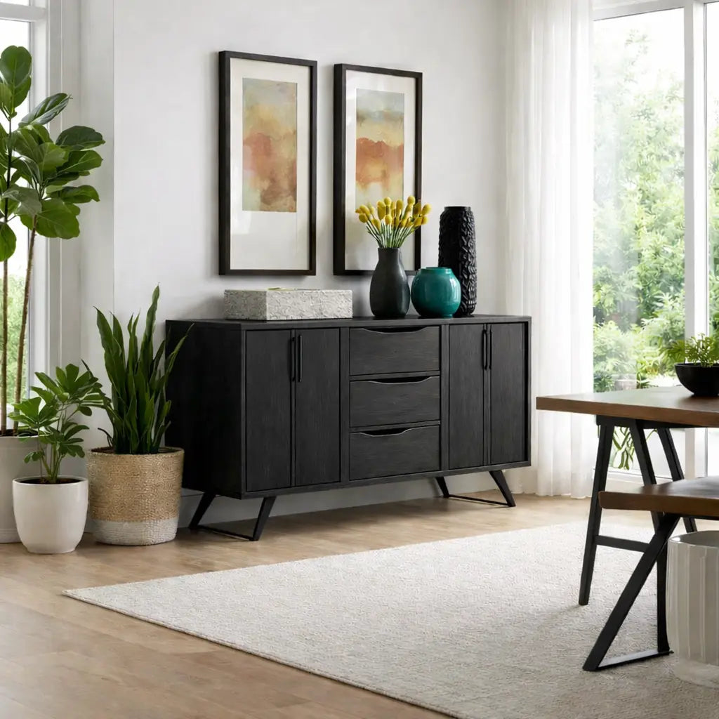 Modern Walnut Console Table with Drawers & Cabinet Kitchnce