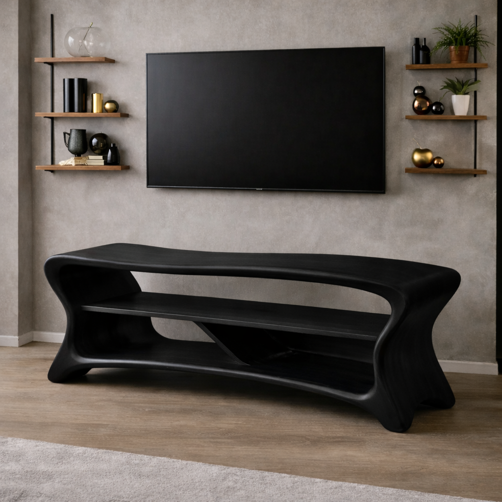 Sculptural Solid Wood TV Console – Modern Wooden Media Stand with Storage Shelf Kitchnce