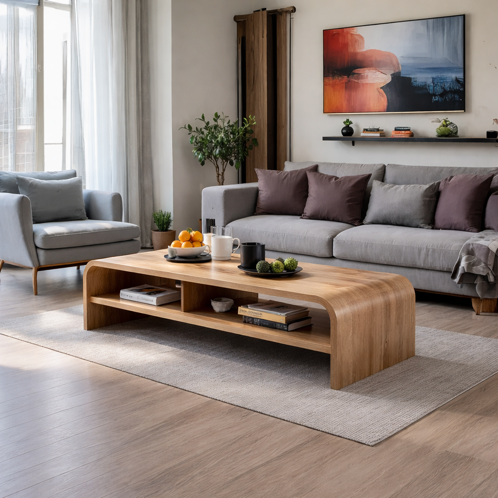 Solid Wood Waterfall Coffee Table with Open Shelf – Modern Minimalist Living Room Table