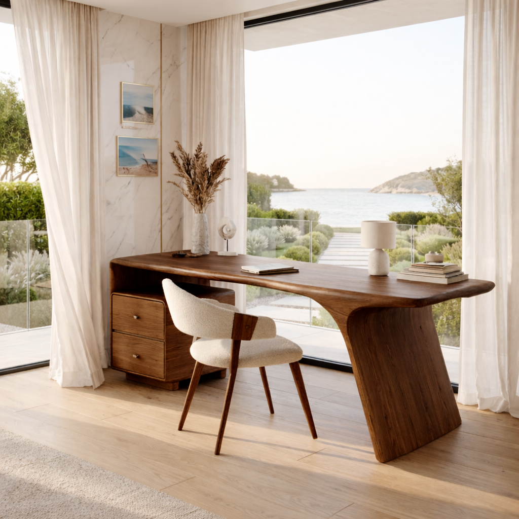 Modern Executive Writing Desk with Drawers and Shelf Home Office Work Table Design