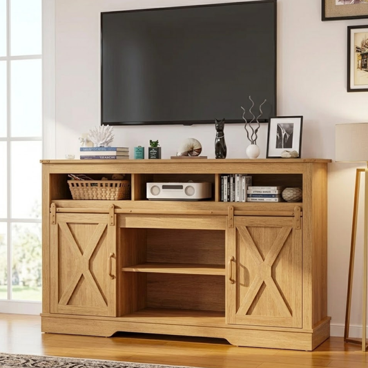 Farmhouse Solid Wood TV Stand Sliding Barn Door Media Console with Open Storage