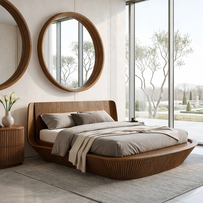 Modern Wooden Bed Frame with Curved Headboard and Low Profile Platform Style