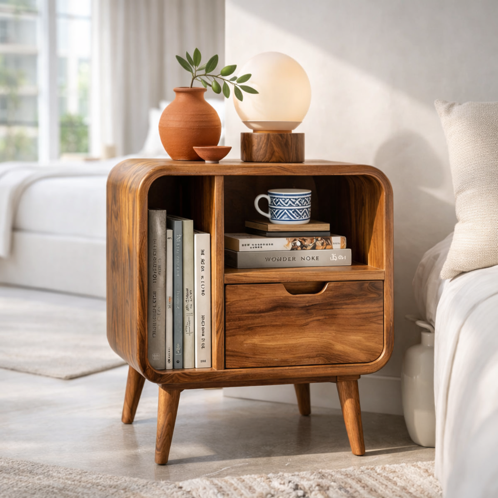 Mid Century Solid Wood Nightstand with Drawer & Shelf – Modern Bedside Table