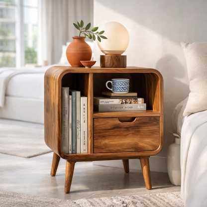 Mid Century Solid Wood Nightstand with Drawer & Shelf – Modern Bedside Table