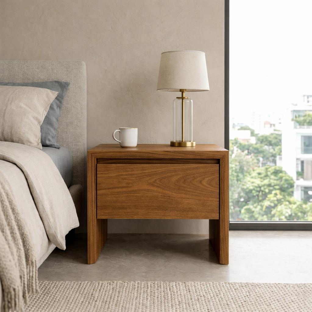 Minimalist Walnut Wood Nightstand | Modern Floating Drawer Table
