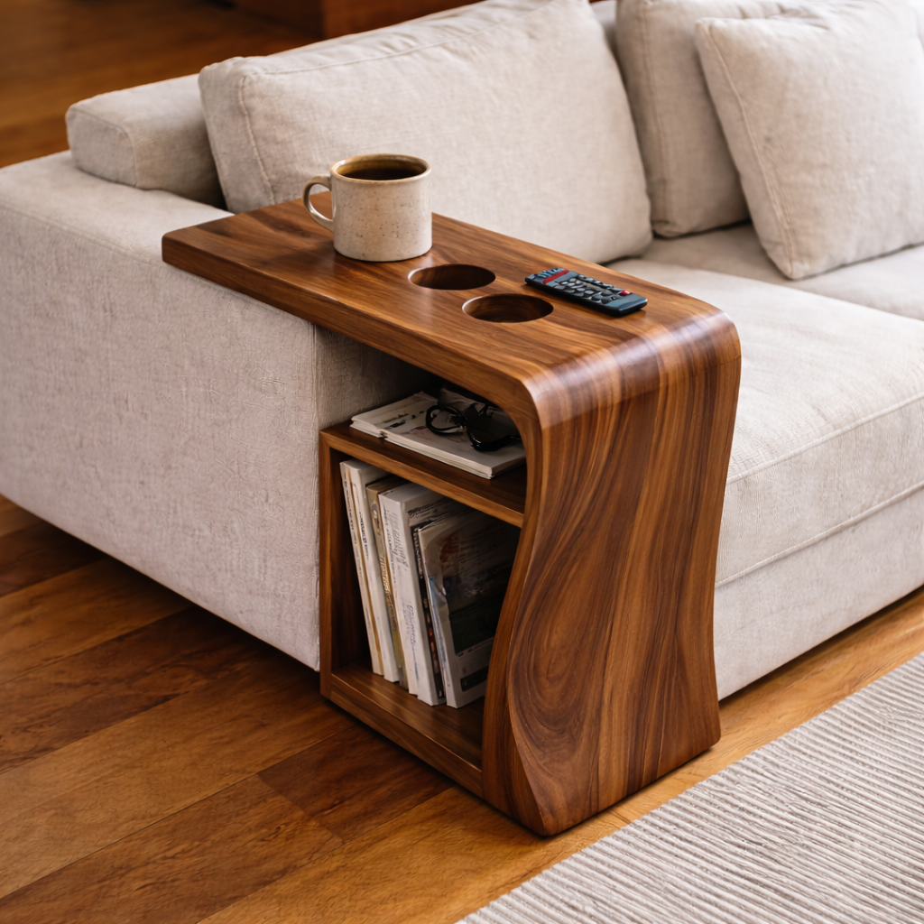 Solid Wood Sofa Armrest Table with Cup Holders and Storage – Couch Arm Tray