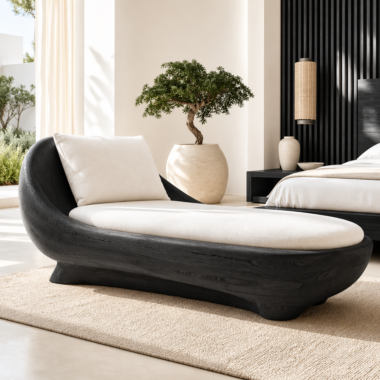 Modern Sculptural Chaise Lounge Curved Daybed with Cushion for Bedroom Decor