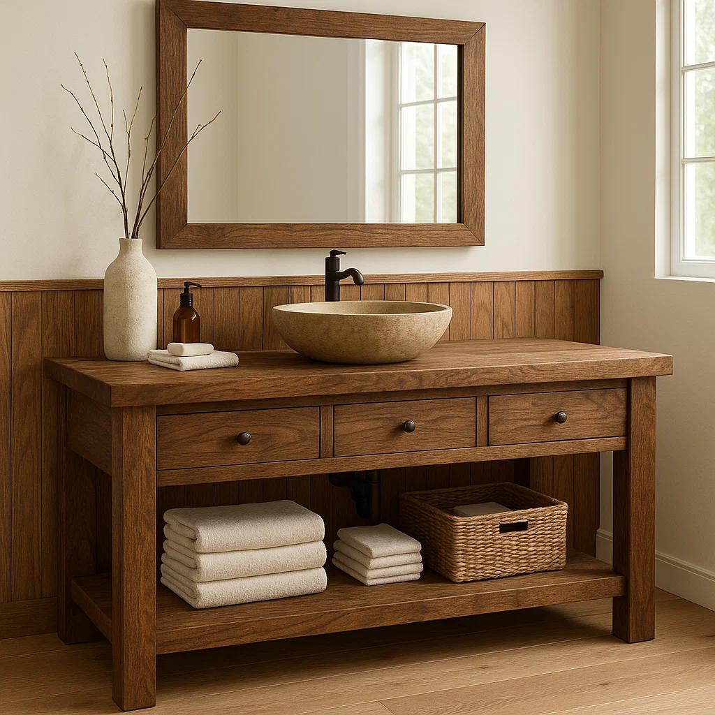 Rustic Solid Wood Bathroom Vanity with Vessel Sink – Modern Design with Storage Kitchnce