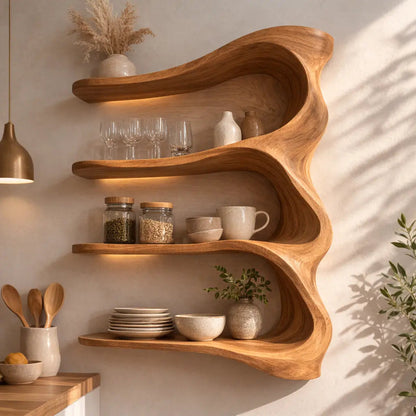 Solid Wood Wall Mounted Kitchen Cabinet Shelf – Curved Organic Wooden Storage Display Kitchnce
