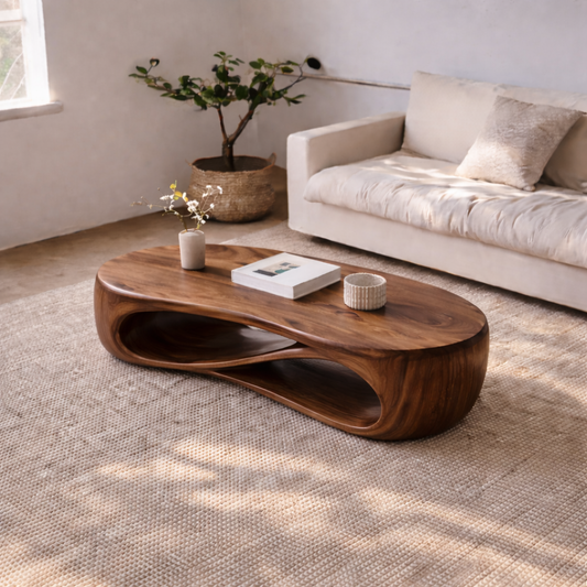 Solid Wood Sculptural Coffee Table with Curved Storage Shelf – Modern Living Room Table Kitchnce