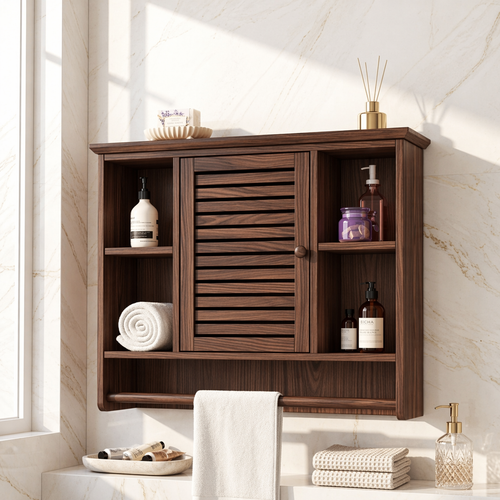 Floating Bathroom Cabinet, Wall-Mounted Vanity Storage With Slatted Door Towel Bar