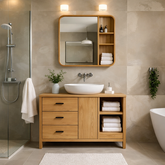 Solid Wood Bathroom Vanity Cabinet with Open Shelves & Drawers – Modern Design
